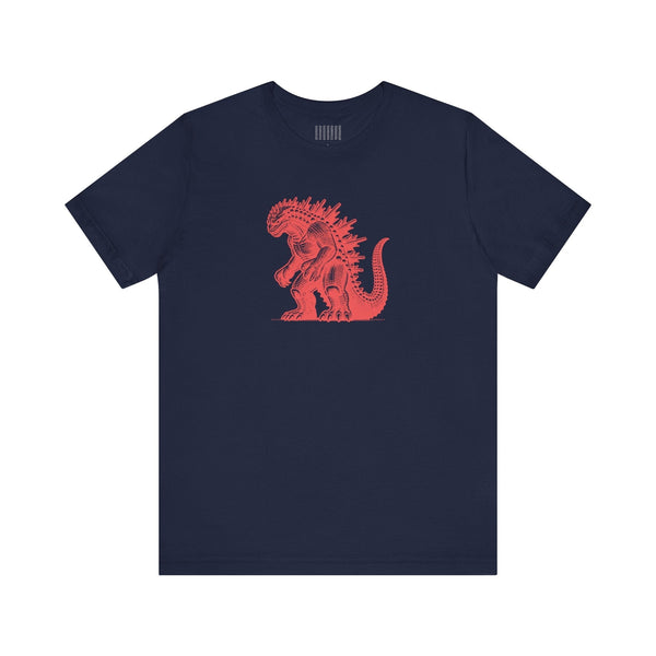 Navy blue Kaiju t shirt featuring a red Godzilla graphic, made of 100% Airlume cotton for comfort and durability.