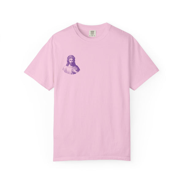 Purple unisex t-shirt with small Jesus graphic on left chest by Iconic Christian streetwear by Sandra Oles