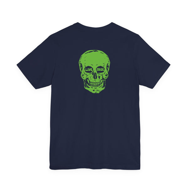 Navy blue streetwear t-shirt with bold green skull graphic and "Live Free" text on the back