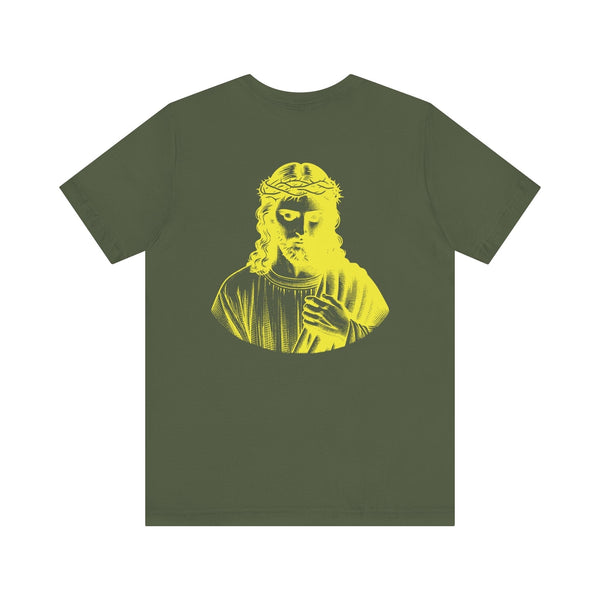 Olive green Christian streetwear t-shirt with mini yellow Jesus print on front left chest and jumbo yellow Jesus graphic on back.