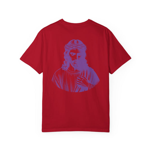 Purple Jumbo Jesus Back Print Tee with Purple Mini Jesus Front Left Graphic Tee - Iconic by Sandra Oles