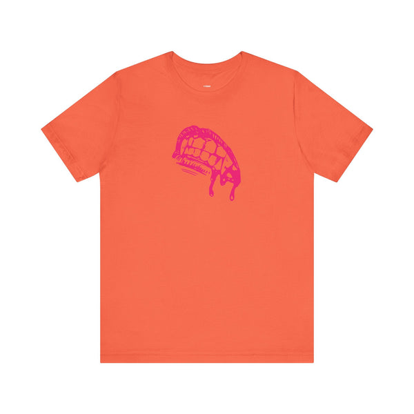 Orange vampire t shirt with bold pink dripping fangs graphic for edgy streetwear style