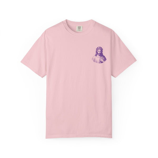 Pink unisex Christian streetwear tee with purple mini Jesus graphic on left chest