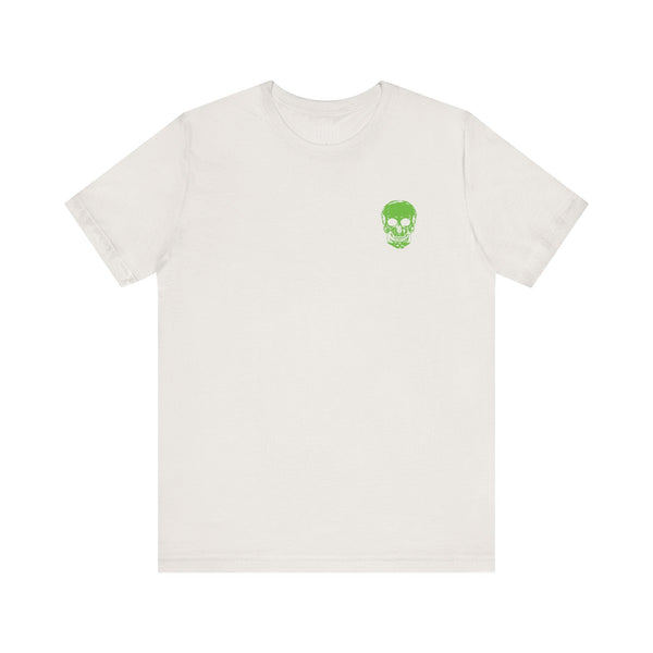 White tee with neon green mini skull front print, green jumbo skull back design, music festival fashion style