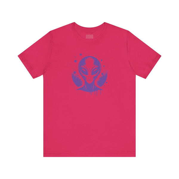 Pink streetwear alien t shirt with a blue violet alien graphic inspired by 1980s sci-fi and street art style