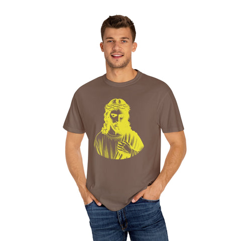 Man wearing brown garment-dyed t-shirt with yellow Jesus Crown of Thorns graphic print