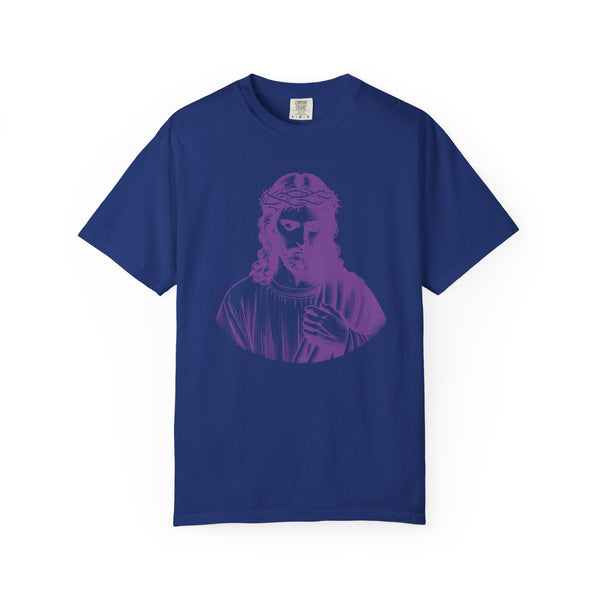 Purple graphic tee with jumbo Jesus sacred heart print, 100% cotton, sizes S-4XL, Christian clothing