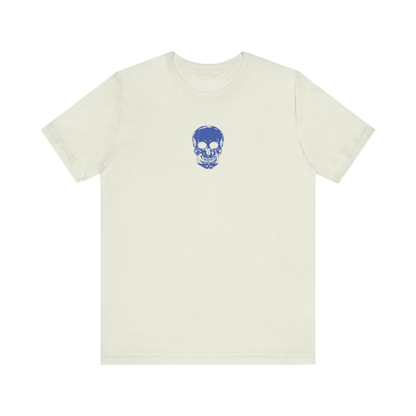 White graphic t shirt with small blue skull design centered below collar