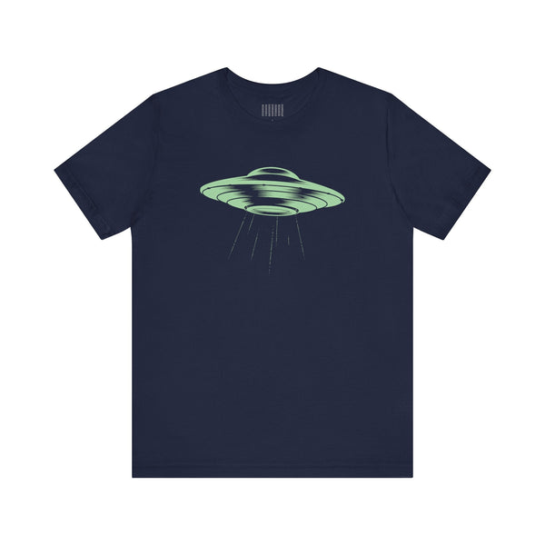 Navy unisex t-shirt with celadon green retro flying saucer graphic and beam illustration in vintage comic style.
