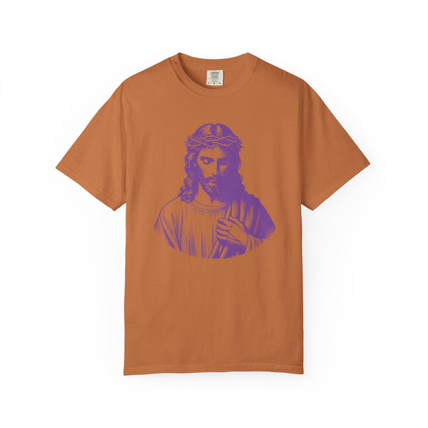 Purple graphic tee featuring jumbo Jesus print on orange background, soft cotton Christian clothing