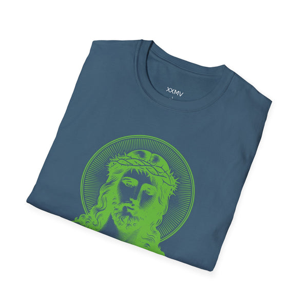 Folded blue tee with green halo Jesus front print spiritual shirt