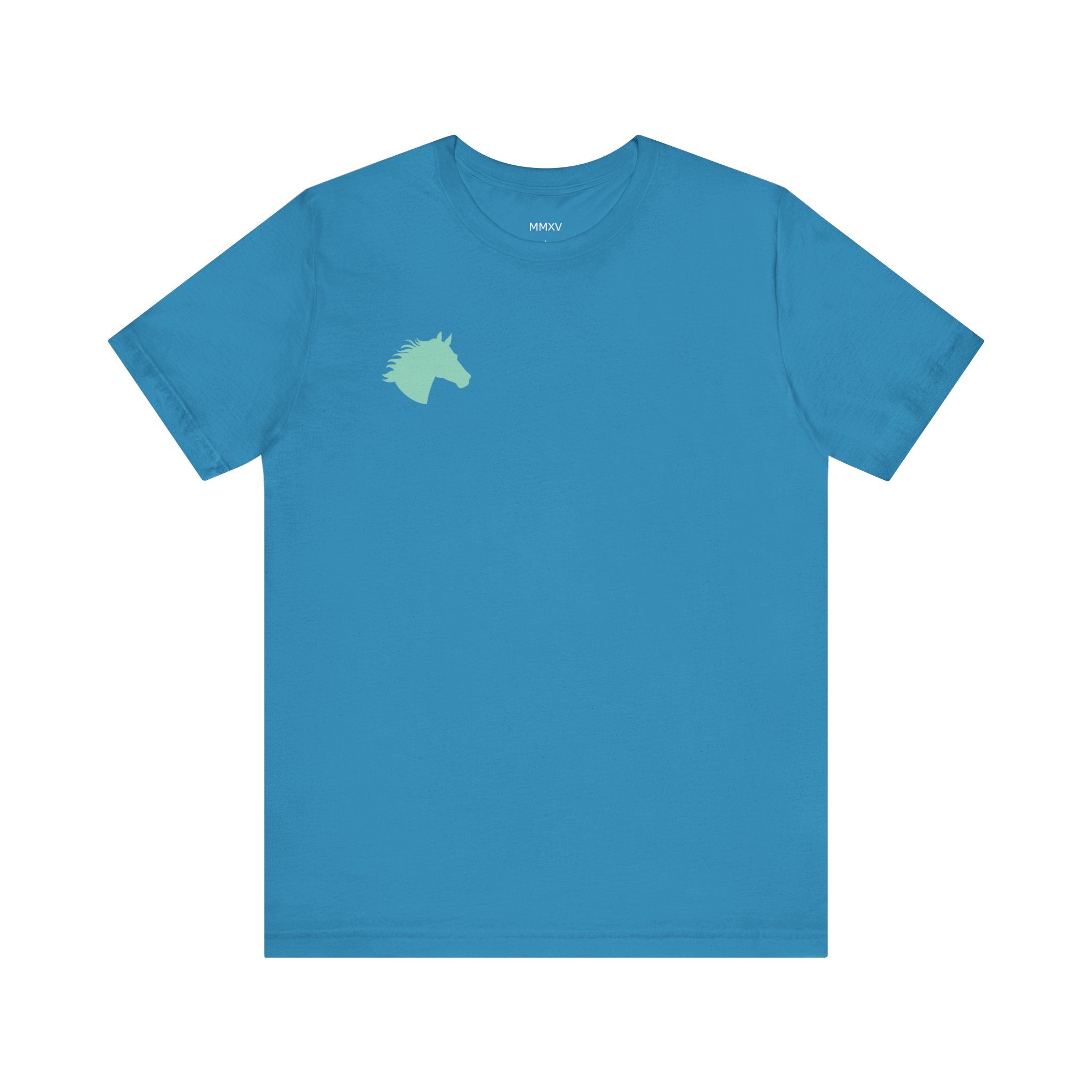 Blue equestrian t-shirt with minimalist mint horse head graphic on left chest.