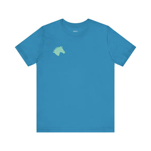 Blue equestrian t-shirt with minimalist mint horse head graphic on left chest.