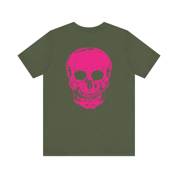 olive green punk rock tee with large hot pink skull graphic on back