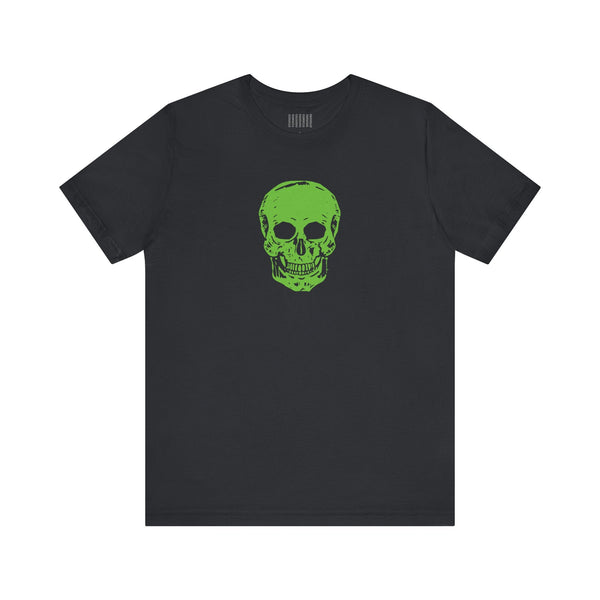 Black streetwear t-shirt with bold green skull graphic on front, made from soft cotton.