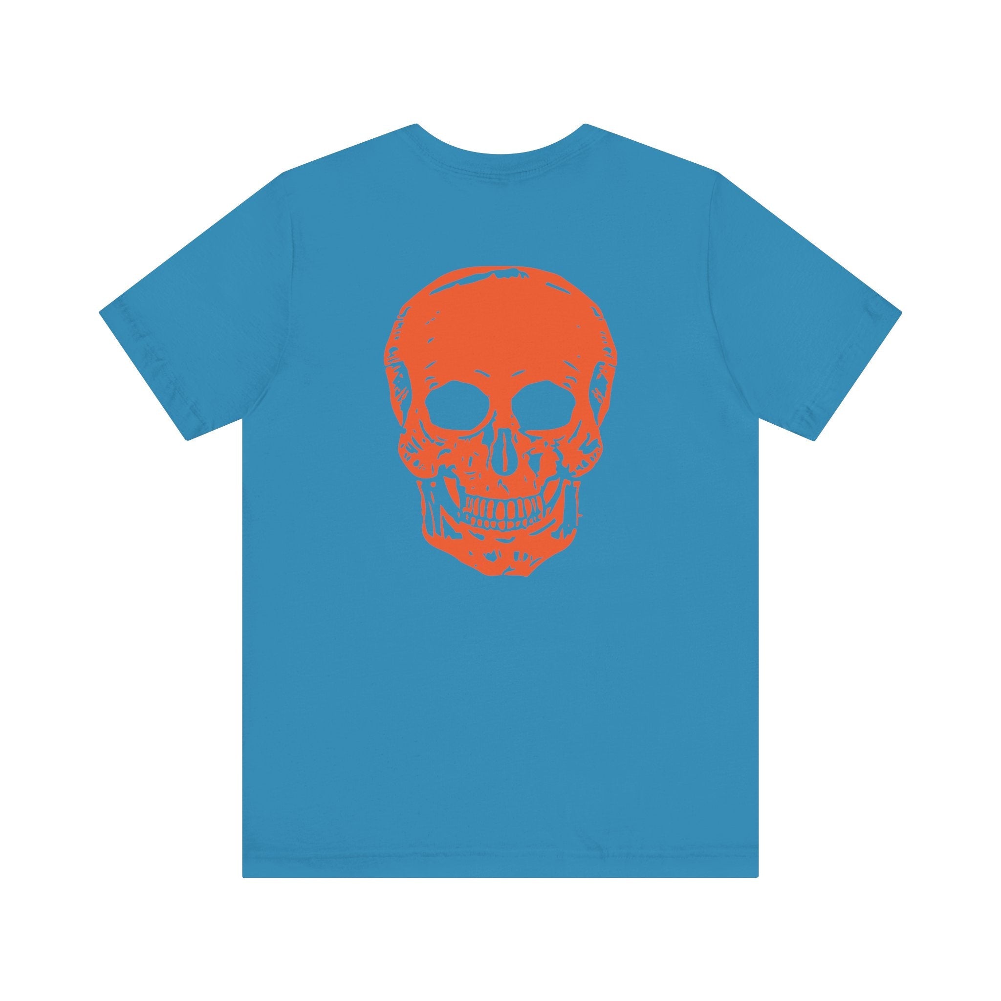 blue t-shirt with large orange skull graphic on back, cool skull shirts design