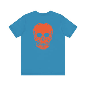blue t-shirt with large orange skull graphic on back, cool skull shirts design