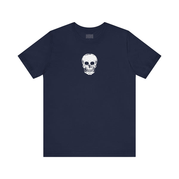 Navy blue t-shirts with centered small white skull graphic on chest, made of soft cotton for casual streetwear.