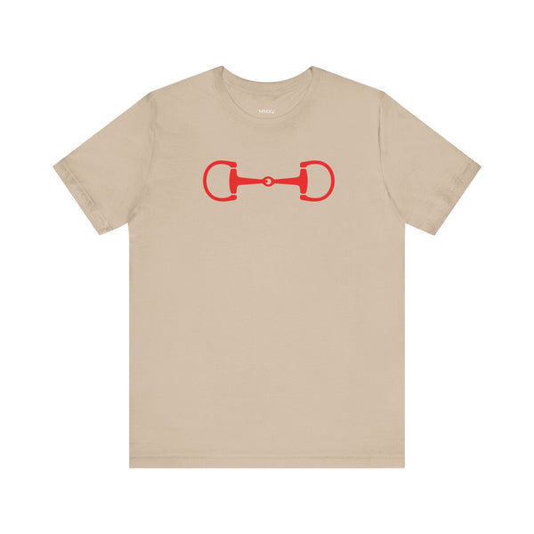 Beige equestrian t-shirt with bold red horse bit graphic on front