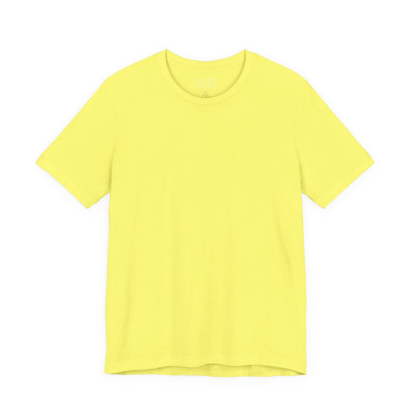 plain yellow unisex skull print t-shirt with neon green graphic on back and fugitive text on front
