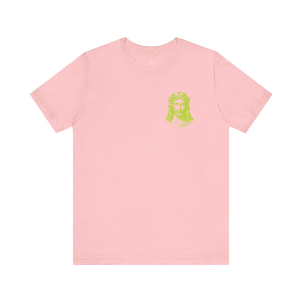 Pink Jesus t-shirt with lime green mini Jesus graphic on front left chest and jumbo Jesus print on back by Iconic by Sandra Oles