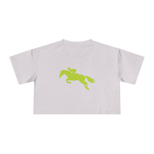 Hunter jumper cropped t shirt in light color with green horse and rider jumping graphic, equestrian style tee.