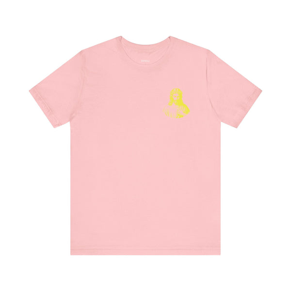 Pink unisex tee with yellow mini Jesus in crown of thorns graphic on front left side Jesus t shirt