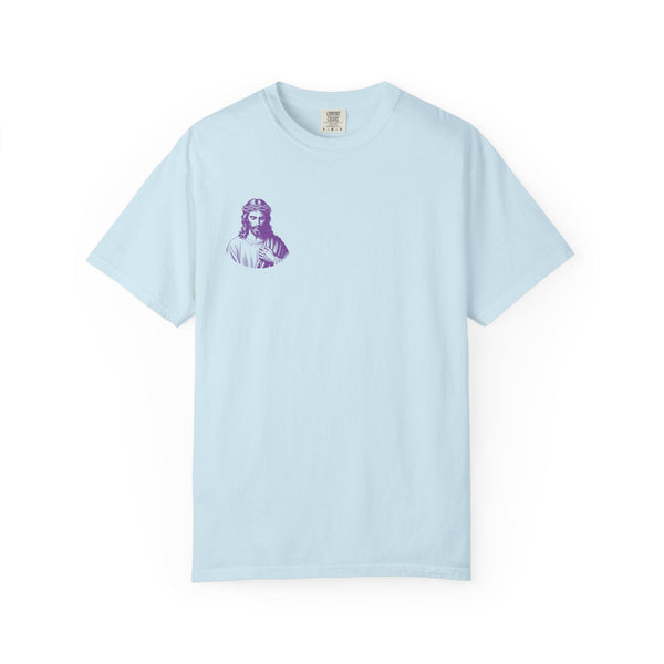 Light blue unisex t-shirt with small purple Jesus Christian streetwear graphic on left chest, made of soft 100% cotton with style.