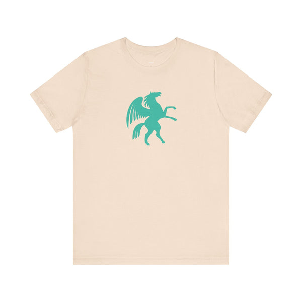 Beige t-shirt with turquoise Pegasus graphic, cool graphic t shirts design