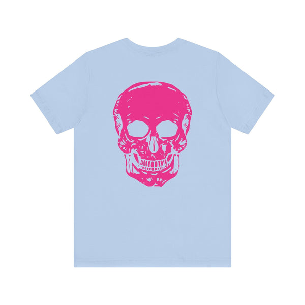 light blue punk rock tee with jumbo hot pink skull graphic on the back