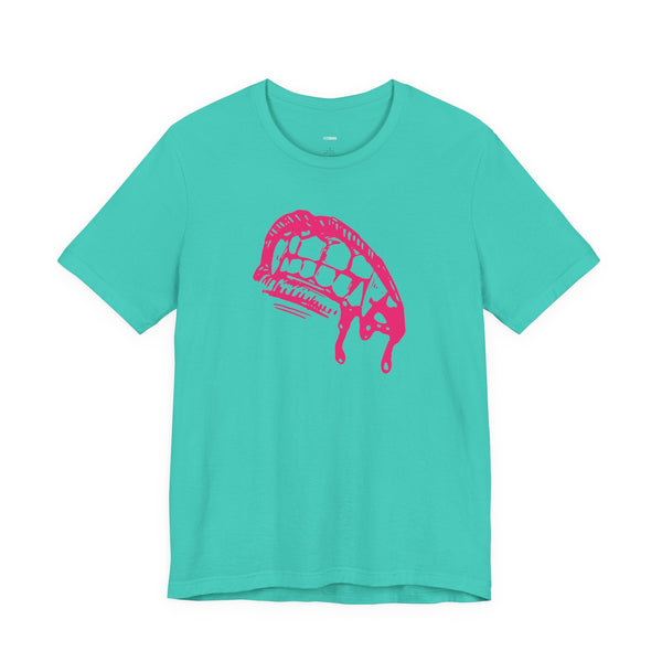 Pink vampire fang graphic tee made of lightweight cotton with classic crew neckline, perfect vampire t shirt for gothic fashion fans