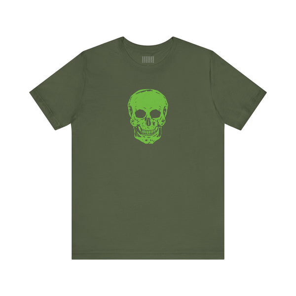 Olive green streetwear tee with bold neon green skull graphic on the front