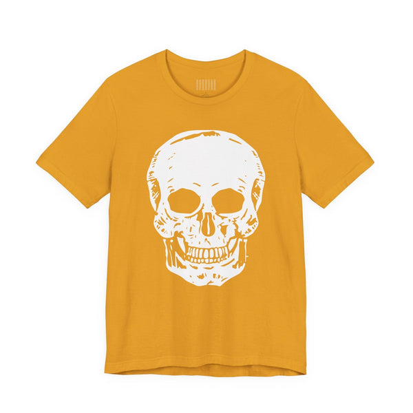 Mustard yellow t-shirt with large white skull graphic on front, bold streetwear style cotton tee.