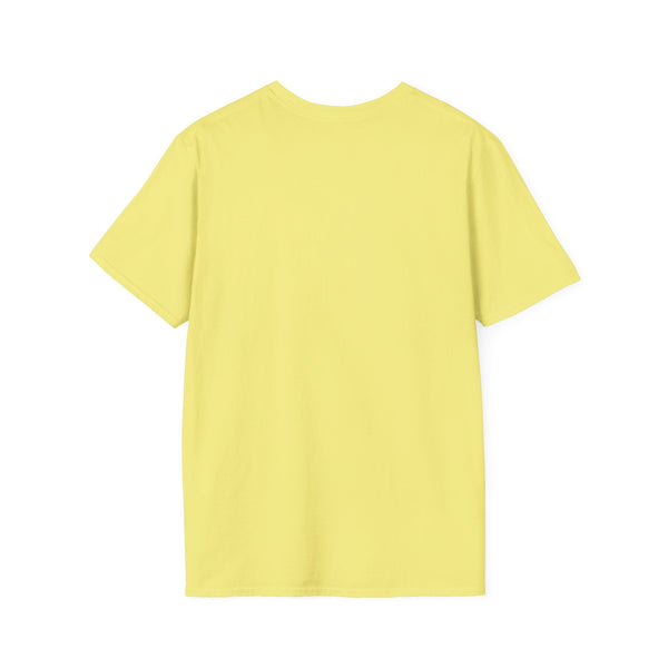 back view of yellow unisex spiritual shirt with crew neck and short sleeves