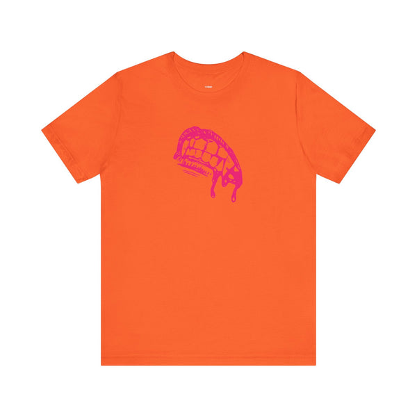Orange vampire t shirt with bold pink dripping fangs graphic for edgy streetwear style