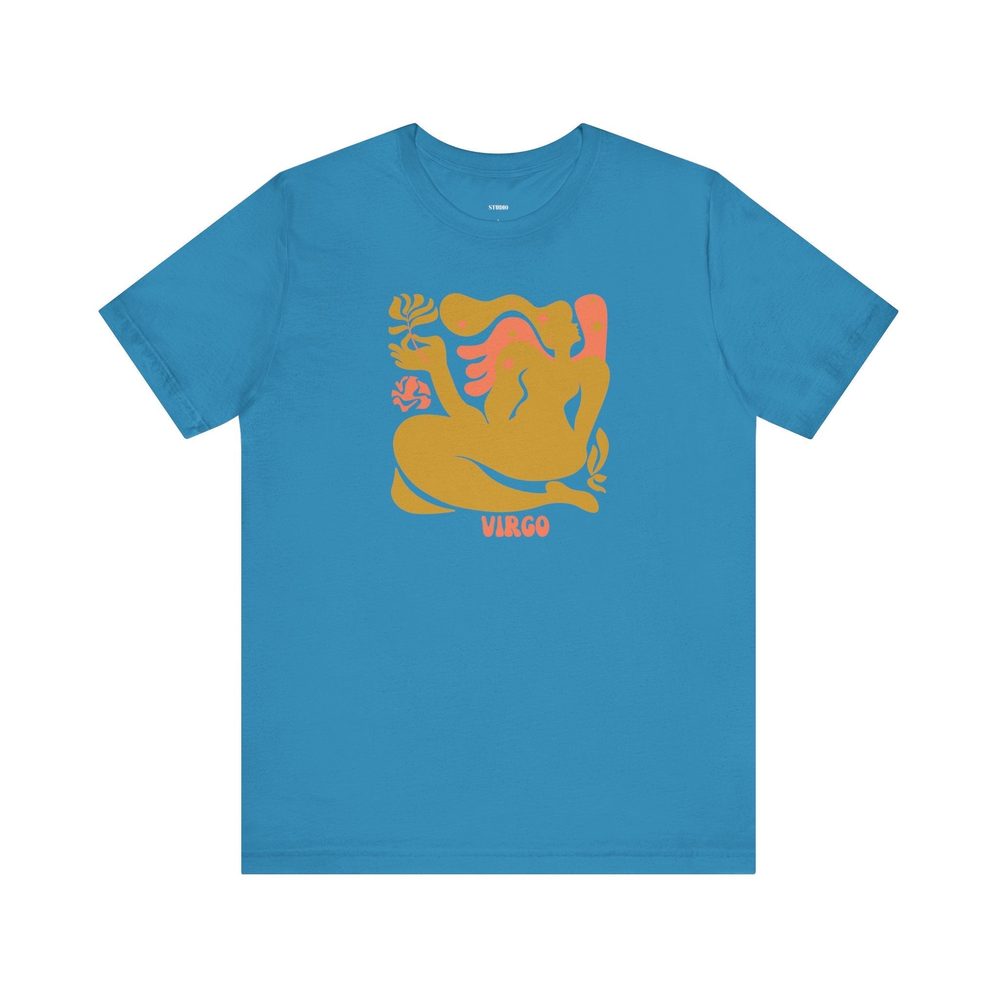 Blue Virgo zodiac graphic tee featuring a retro-style maiden design with warm golden and coral accents