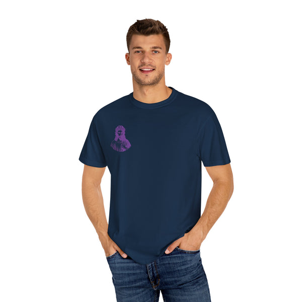 Purple Jumbo Jesus Back Print Tee with Purple Mini Jesus Front Left Graphic Tee - Iconic by Sandra Oles
