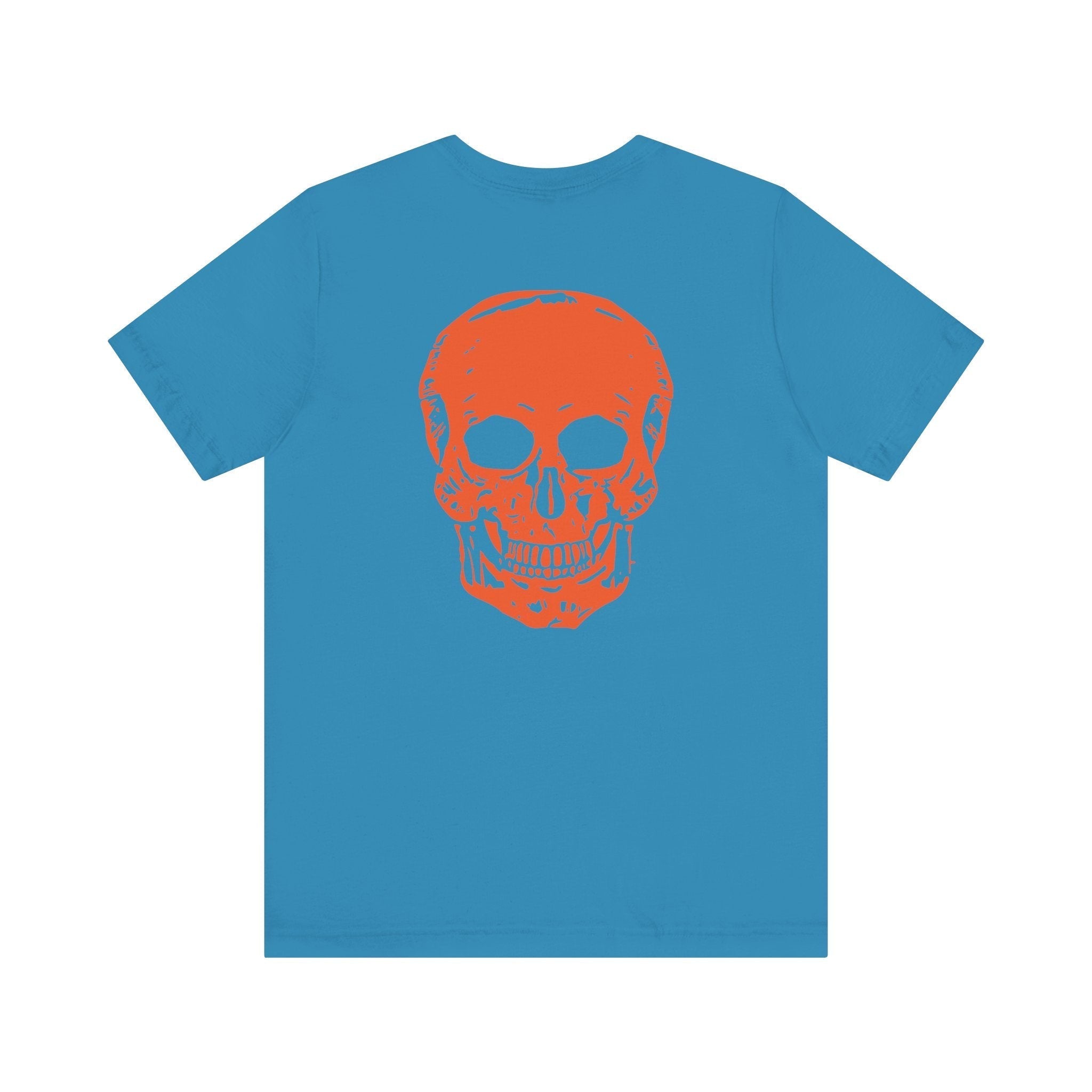 Orange Jumbo Skull Back Print featuring a Mini Orange Skull left Front Graphic Tee