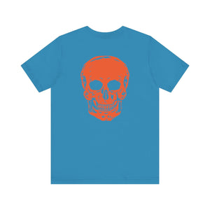 Orange Jumbo Skull Back Print featuring a Mini Orange Skull left Front Graphic Tee