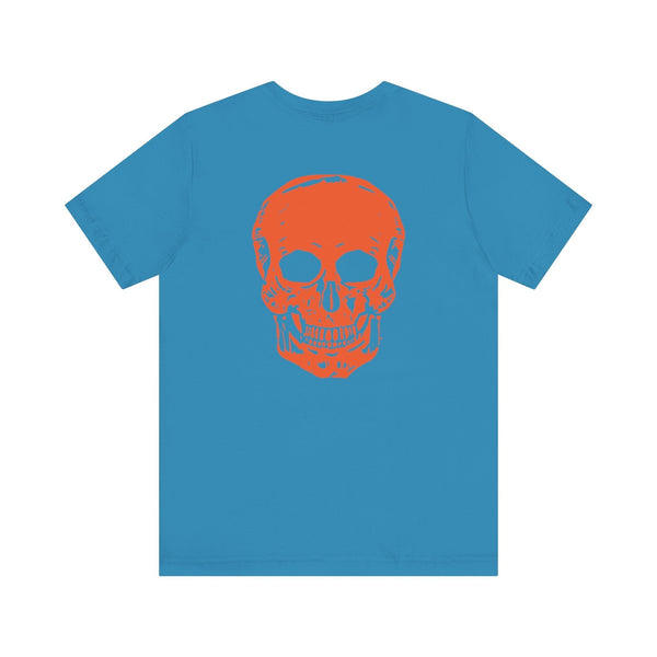 Orange Jumbo Skull Back Print featuring a Mini Orange Skull left Front Graphic Tee
