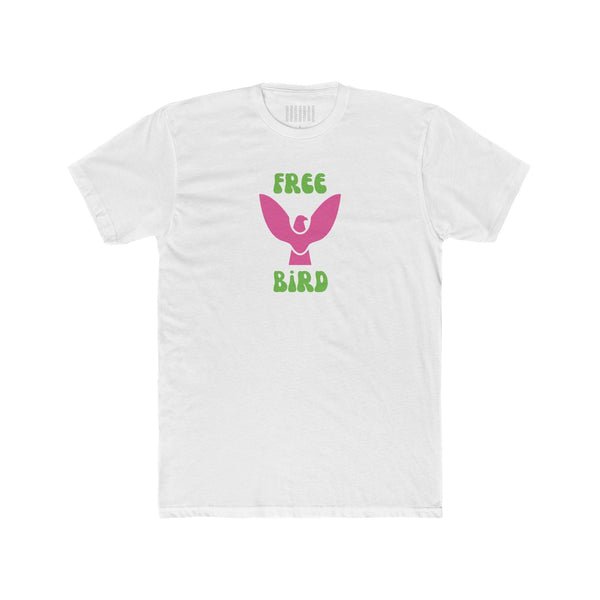 White unisex cotton tee with neon pink bird graphic and green retro "Free Bird" text