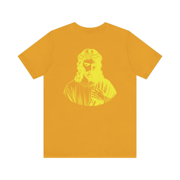 Yellow crewneck t-shirt with jumbo Jesus graphic on back, Christian streetwear style