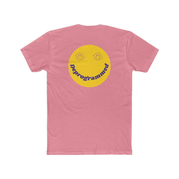 Pink 1990’s rave t-shirt with oversized yellow smiley face and "Deprogrammed" text backprint