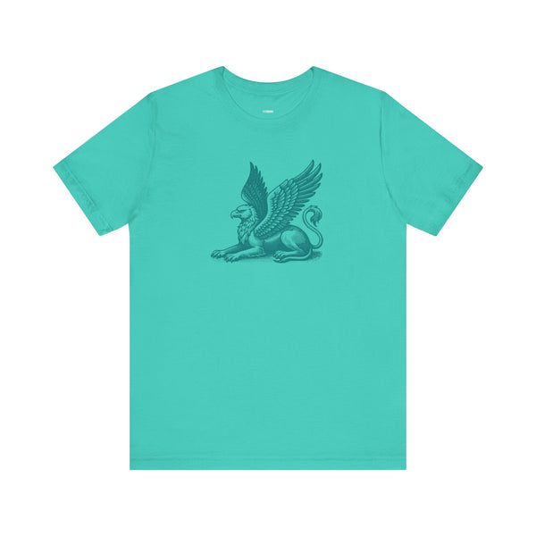 Teal Gryphon graphic t shirt with mythical winged beast design, made of soft cotton.