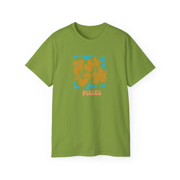 Green Pisces zodiac t shirt with artistic orange and blue graphic design and Pisces text.