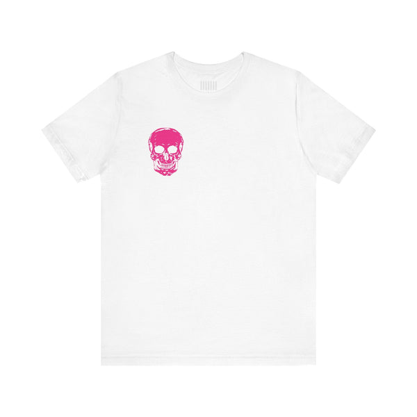white punk rock tee with small hot pink skull on front chest and large skull graphic on back