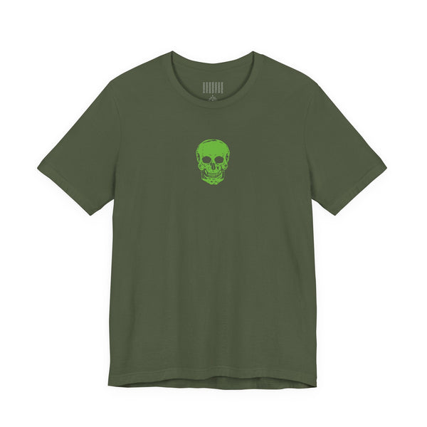 Olive green urban streetwear t-shirt with a centered mini green skull graphic on the chest