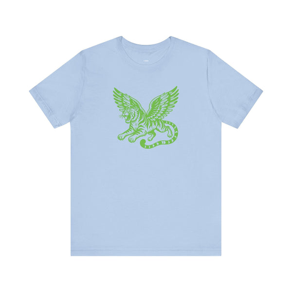 Light blue t-shirt featuring a neon-green winged tiger graphic on the chest, blending mythical and bold street style design.