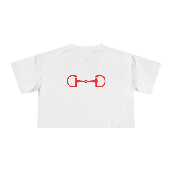 White cropped tee with red horse bit emblem centered on the front, relaxed fit with dropped shoulders.