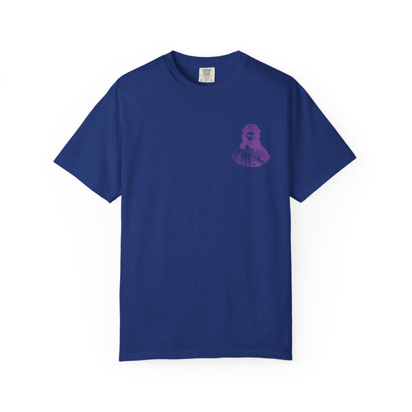 Purple Jumbo Jesus Back Print Tee with Purple Mini Jesus Front Left Graphic Tee - Iconic by Sandra Oles